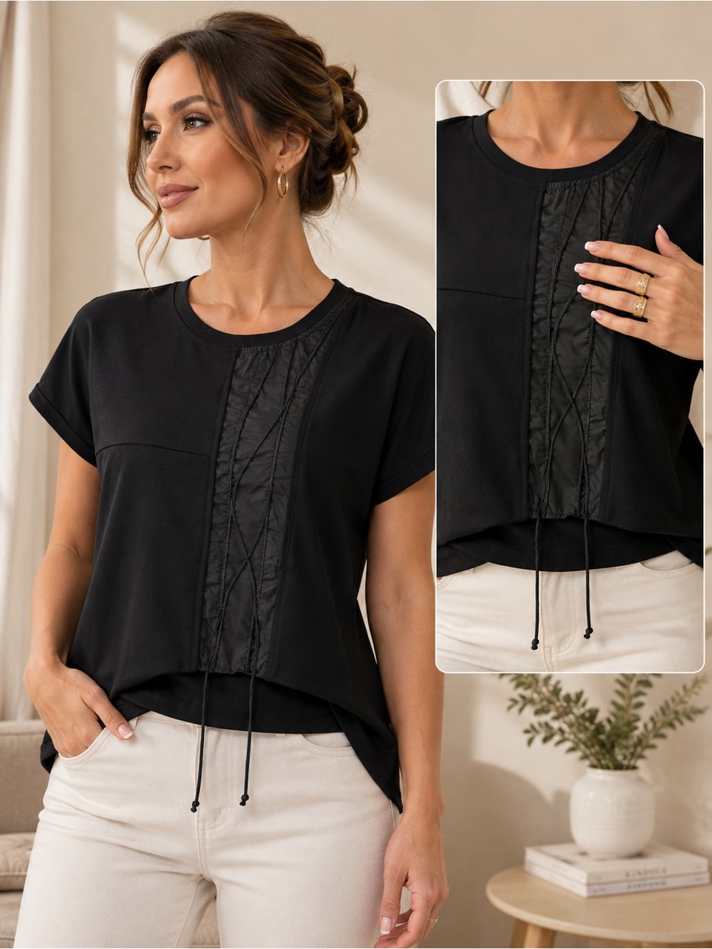 Black Short Sleeve Women's Tee with Center Drawcord Panel - Picture 1 of 2